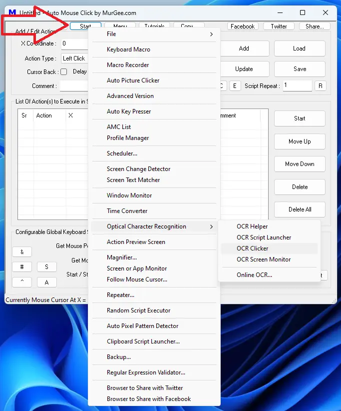 Start Menu of Auto Mouse Click Application Utility displaying OCR Menu Options